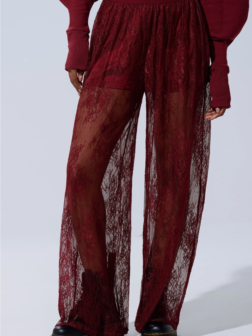 AKIRA Sheer Lace Wide-Leg Pants - Wine